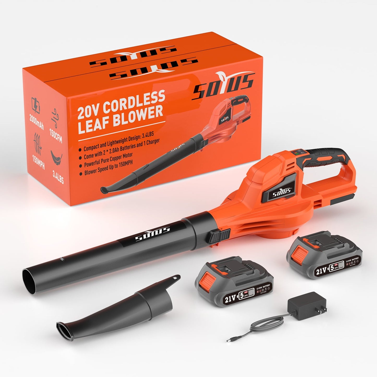 SOYUS 20V Electric Leaf Blower, Leaf Blower Cordless with Two 2.0Ah Batteries and Charger, 150mph