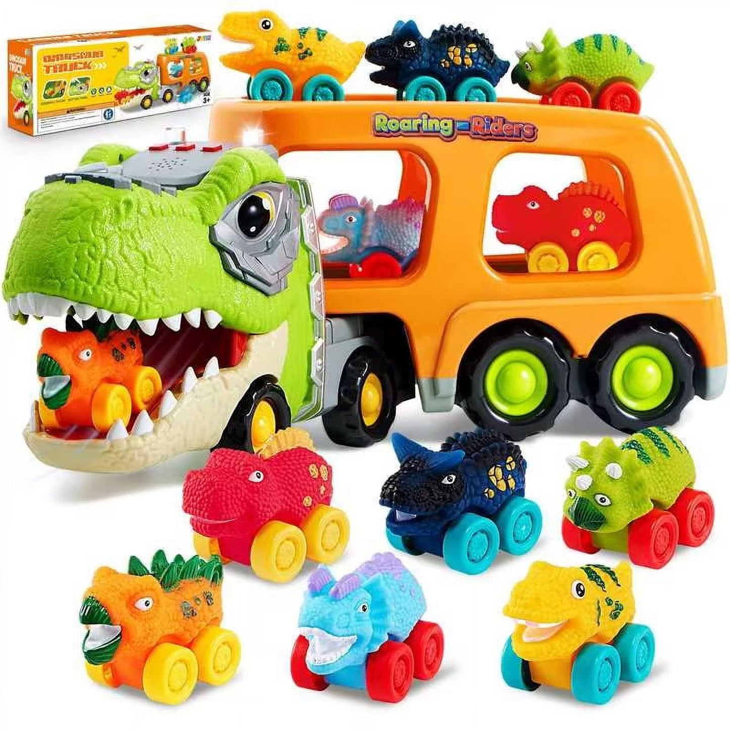 SYNCFUN Dinosaur Truck Toys, Carrier Truck Toys with 6 Rubber Car Vehicles, Birthday Gift for Kids Toddlers 2 3 4 5 6 Years Old