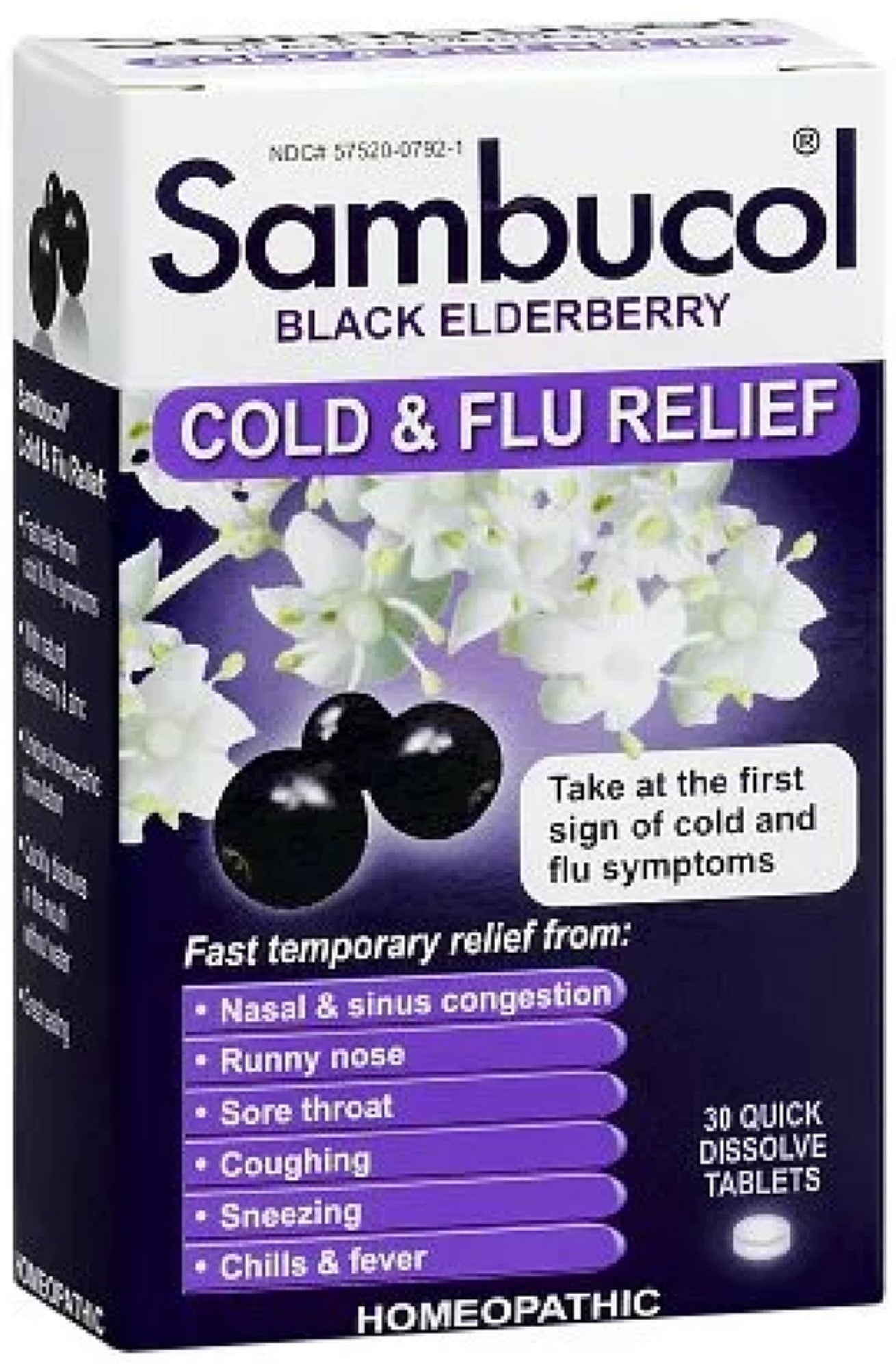 Sambucol Cold & Flu Relief Quick Dissolve Tablets, Black Elderberry 30 ea (Pack of 6)