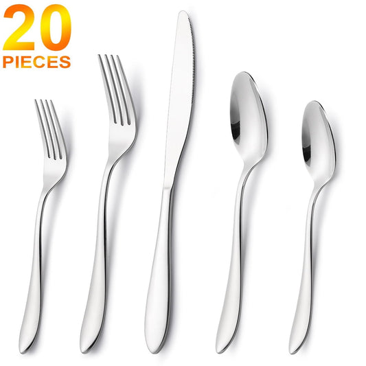 Silverware Set, JOW 20 Pieces Flatware Sets, 20-Piece Stainless Steel Cutlery Set Service for 4, Includes Knives, Forks, Spoons, Mirror Polish, Dishwasher Safe