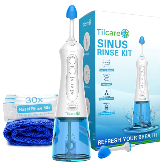 Sinus Rinse Kit by Tilcare - Perfect Nasal Irrigation Machine for Sinus & Allergy Relief - Electric Neti Pot for Sinuses & Stuffy Nose - Comes with a Blue Towel and 30 Salt Packs