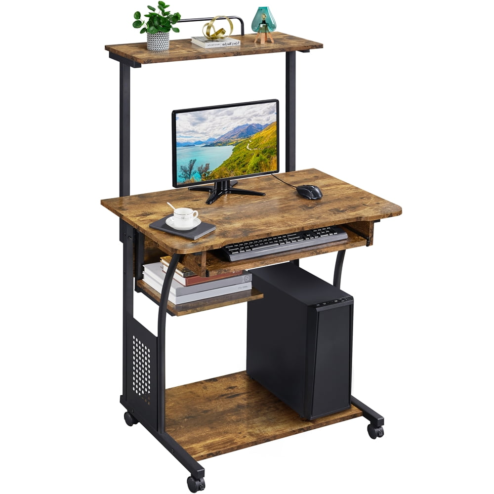 Alden Design 3 Tiers Wooden Computer Desk with Printer Shelf, Rustic Brown