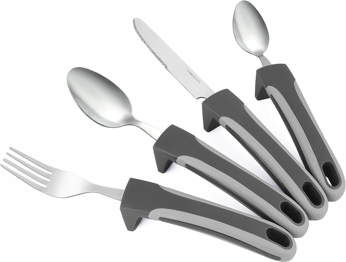 Special Supplies Adaptive Utensils (4-Piece Kitchen Set) Wide, Weighted, Non-Slip Handles for Hand Tremors, Arthritis, Parkinson’s or Elderly Use, Stainless Steel Knife, Fork, Spoons (Gray Striped)