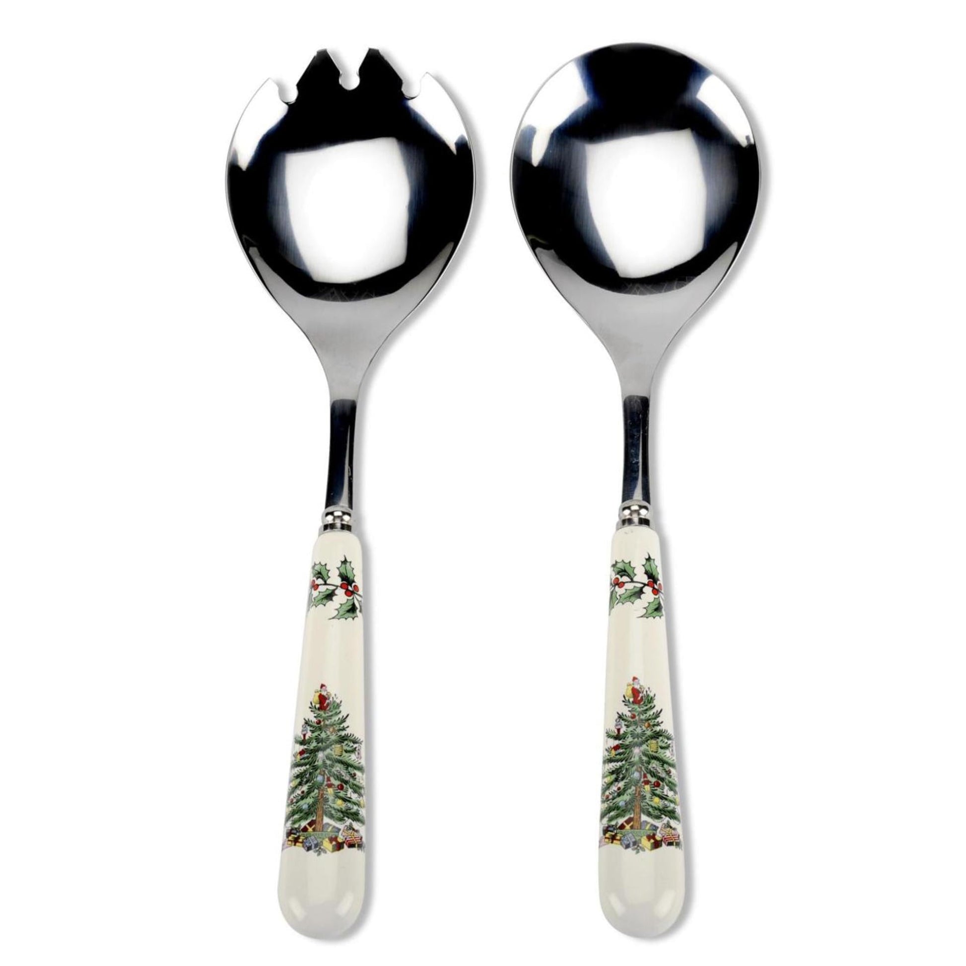 Portmeirion Christmas Tree Salad Server Set (2-Piece) - 10 Inch Stainless Steel with Porcelain Handles, Festive Flatware for Holiday Dining - Dishwasher Safe, Seasonal Entertaining & Gift-Giving