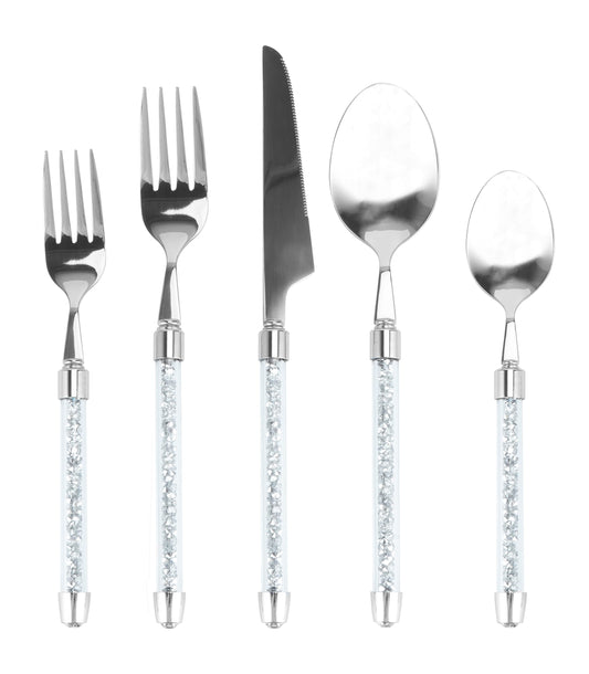 Spoon,Fork,Dinner Knife Set Stainless Steel with Bling Crushed Diamond 5 Pieces Flatware Cutlery Set Tableware Eating Utensil(White)