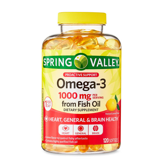 Spring Valley Proactive Support Omega-3 from Fish Oil Heart General & Brain Health Dietary Supplement Softgels, 1000 mg, 120 Count