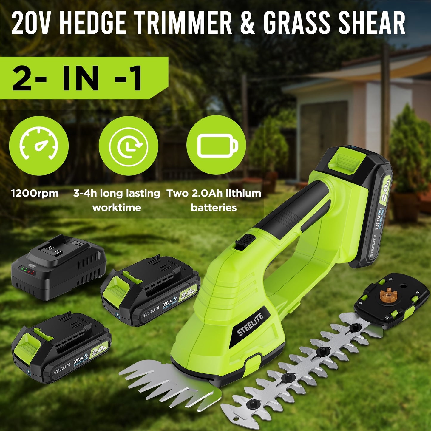 Steelite Cordless Hedge Trimmer-20V Electric Handheld Grass Cutter,5" Shear/ 9" Shrubber, Hedge Shear with 2 Pcs Rechargeable Batteries and Charger for Garden, Lawn