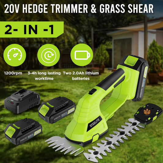 Steelite Cordless Hedge Trimmer-20V Electric Handheld Grass Cutter,5" Shear/ 9" Shrubber, Hedge Shear with 2 Pcs Rechargeable Batteries and Charger for Garden, Lawn