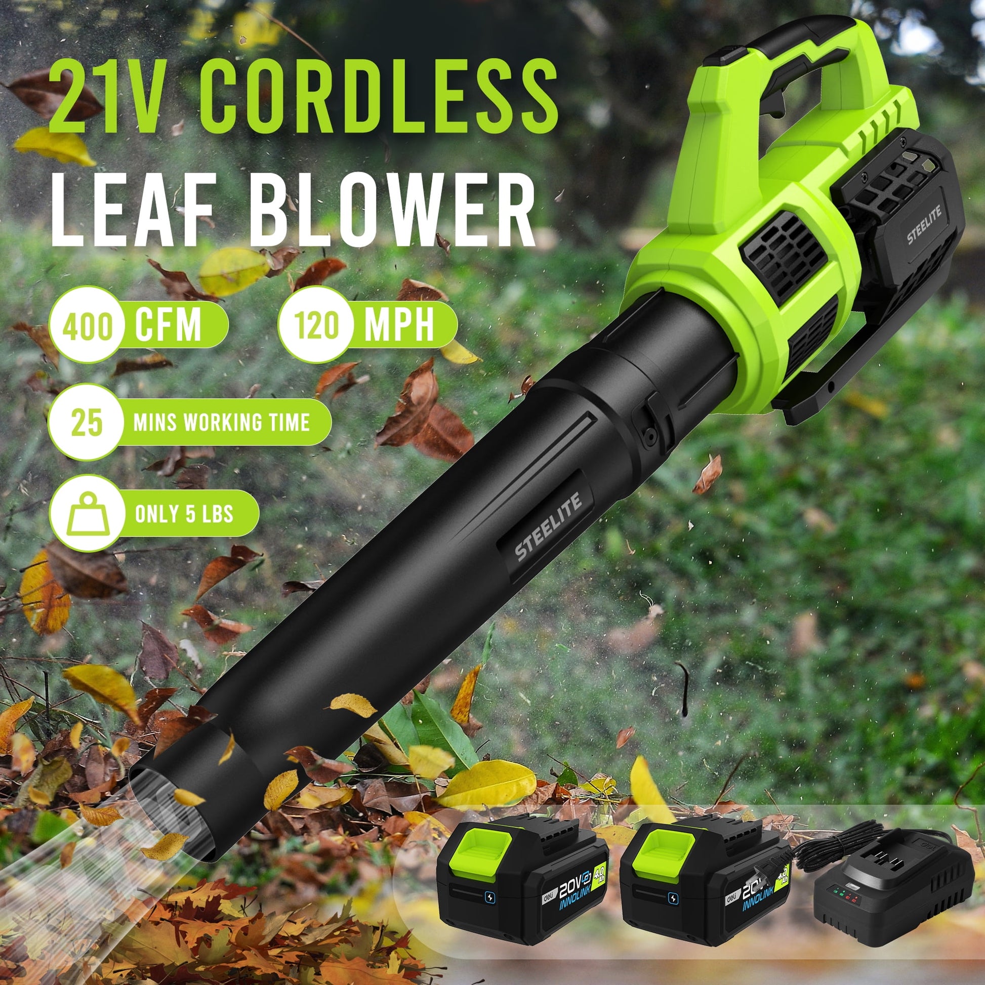 Steelite 21V Cordless Leaf Blower,120 MPH 400 CFM,Electric Lightweight Blower with 2 x 4.0Ah Battery Packs and Charger,for Lawn Care, Patio Cleaning, Blowing Leaves and Dust