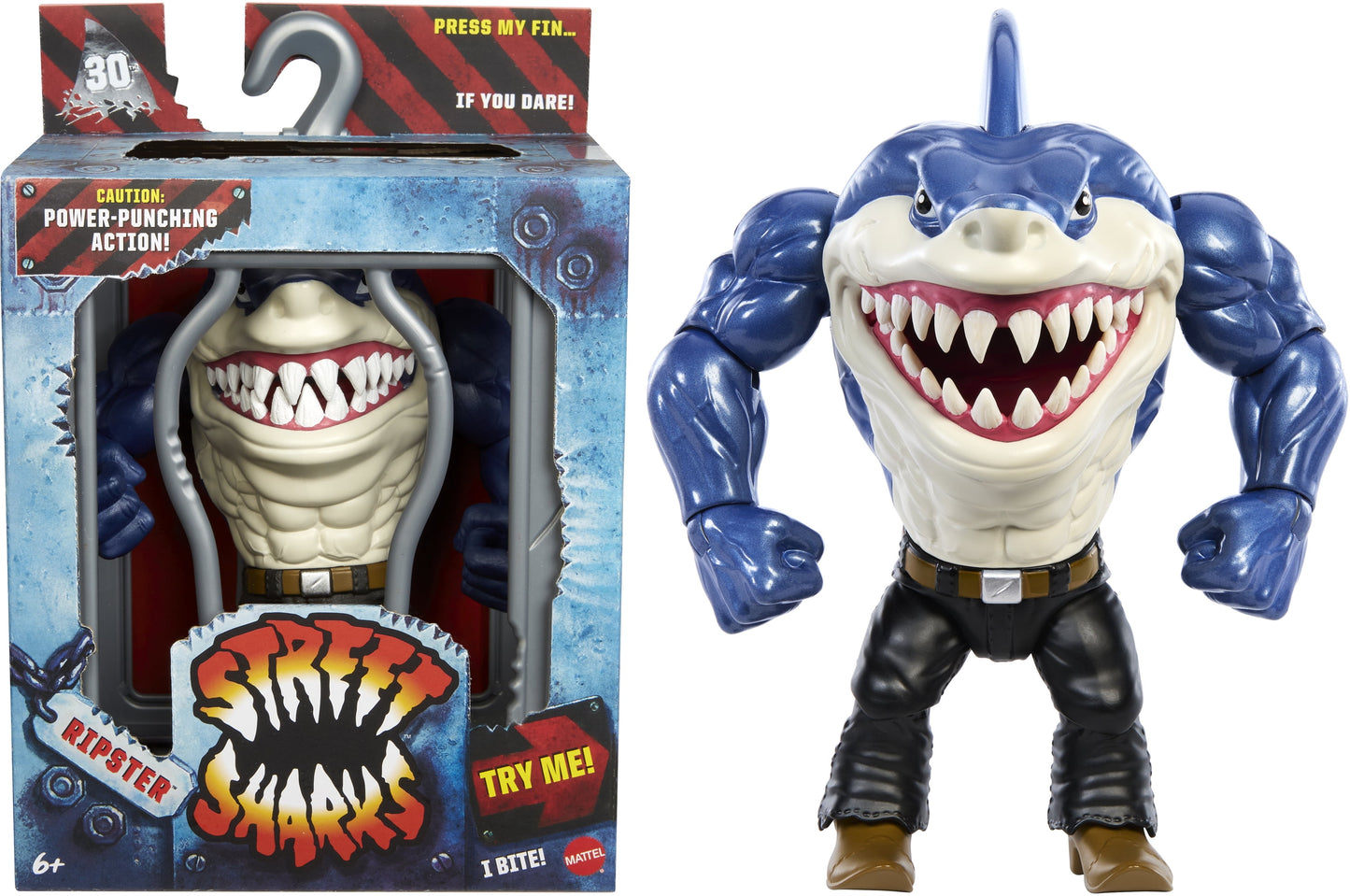 Street Sharks Ripster Action Figure Toy, Half-Shark 90s TV Hero, 6-Inch Articulated, Bite & Punch