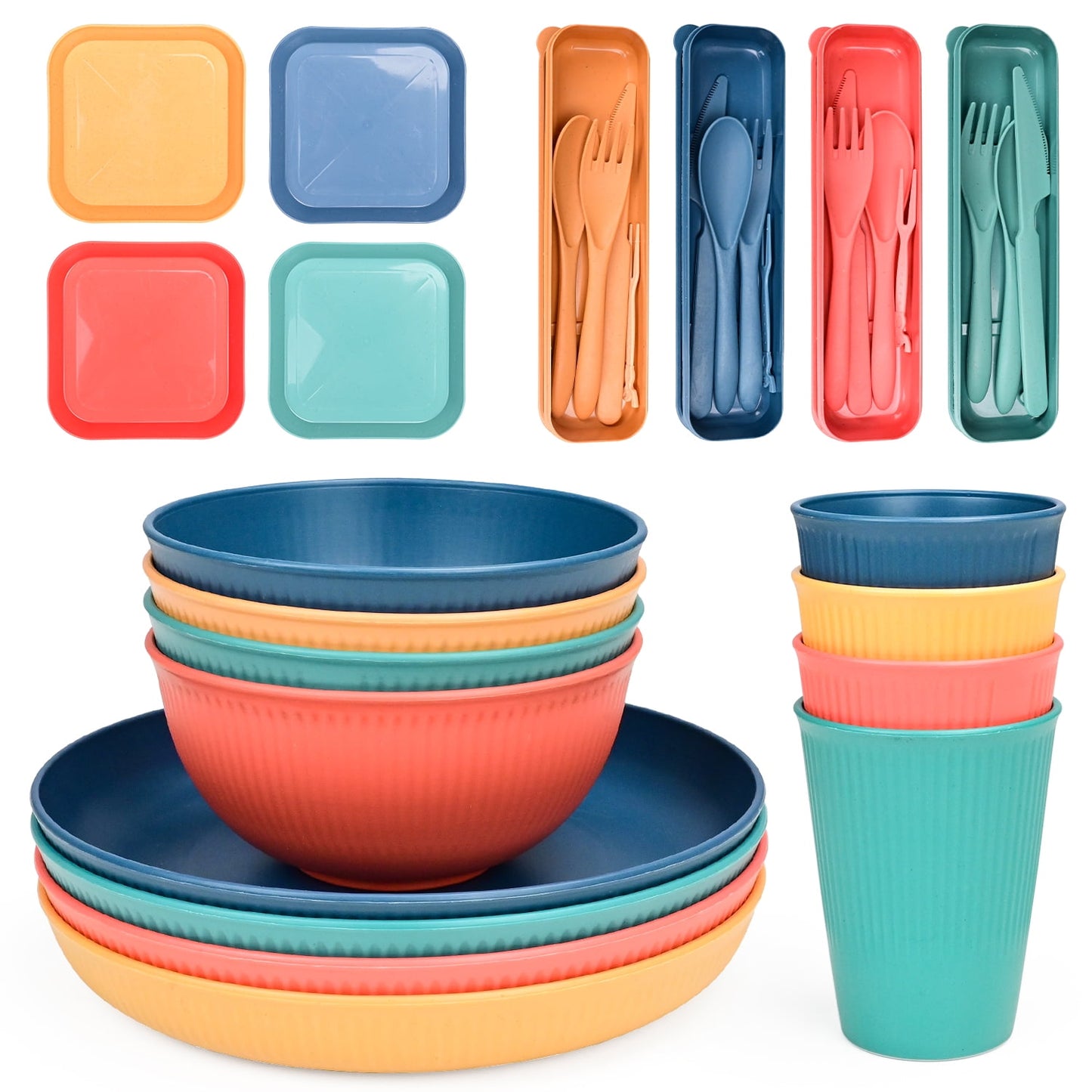 TINANA Wheat Straw Dinnerware Set, Service for 4, Unbreakable Plastic Plates and Bowls Sets, Dishwasher Microwave Safe Dinner Sets - Multi Color