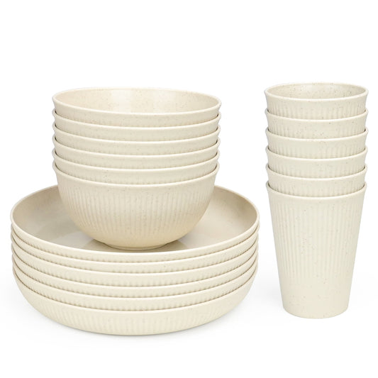 TINANA Wheat Straw Dinnerware Set: Service for 6, 18 PCS Unbreakable Reusable Dinnerware Sets, Cups, Plates, and Bowls Sets Dishwasher Microwave Safe - Off White