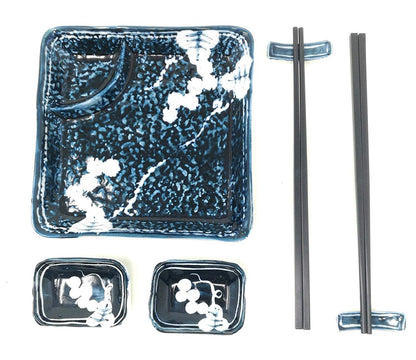 TJ Global Ceramic Square Shape Japanese Sushi for 2 Set, One Plate, Two Chopstick Holders, Two Pairs of Chopsticks, and Two Soy Sauce Dishes, Glazed (#2)