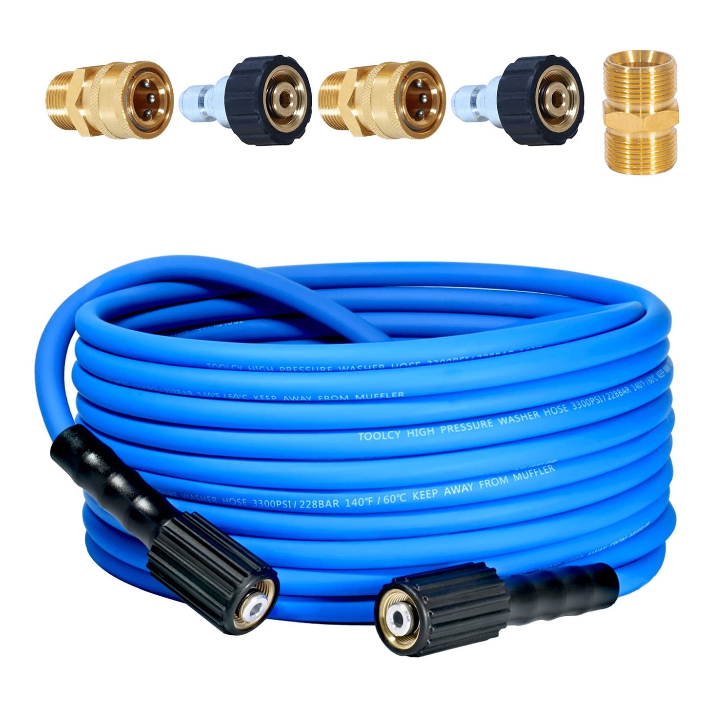 TOOLCY Super Flexible Pressure Washer Hose 30ft, 3300 PSI Kink Resistant Power Washer Hose 1/4 in., Replacement Power Wash Hose with M22 & 3/8" Quick Connection Kit for Gas & Electric