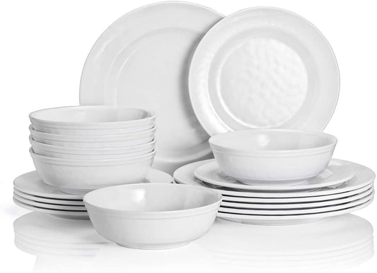 TP 18-Piece Pure White Melamine Dinnerware Set, Plates and Bowls Set, Service for 6, Dishwasher Safe