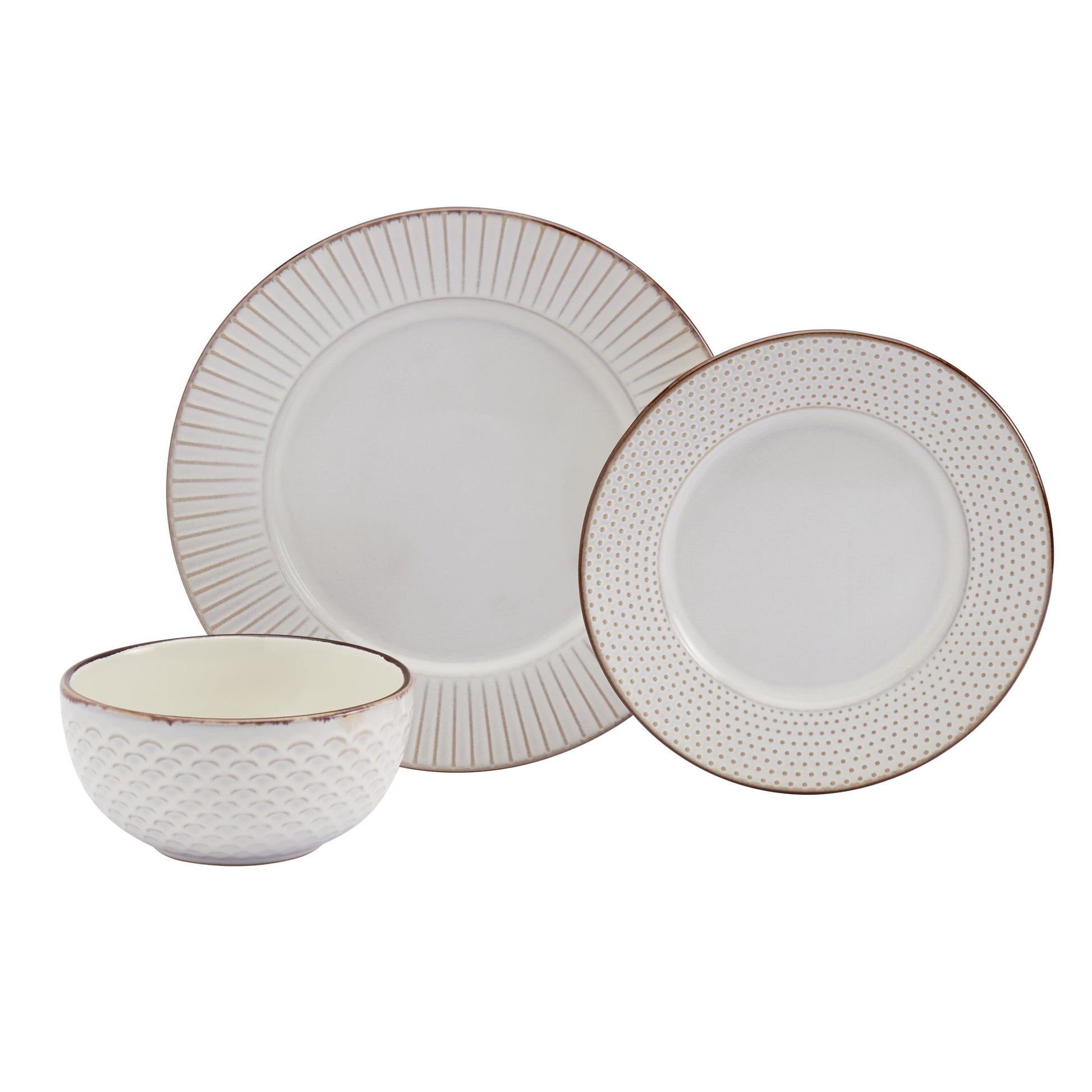 Tabletops Gallery Monroe 12 Piece Embossed Stoneware Dinnerware Set, Cream White (Service for 4)