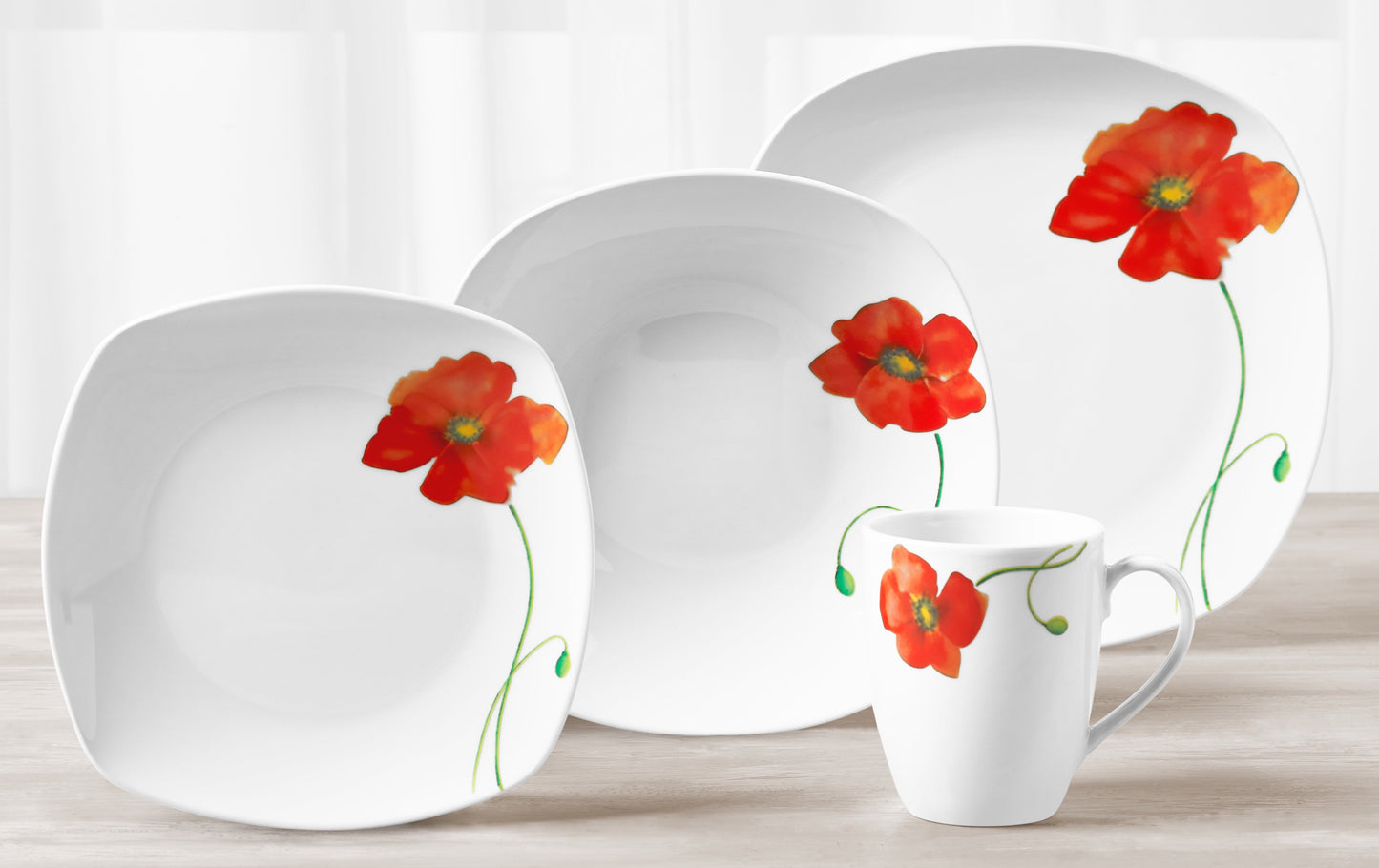 Tabletops Gallery Poppy Square 16 Piece Dinnerware Set, Floral Pattern