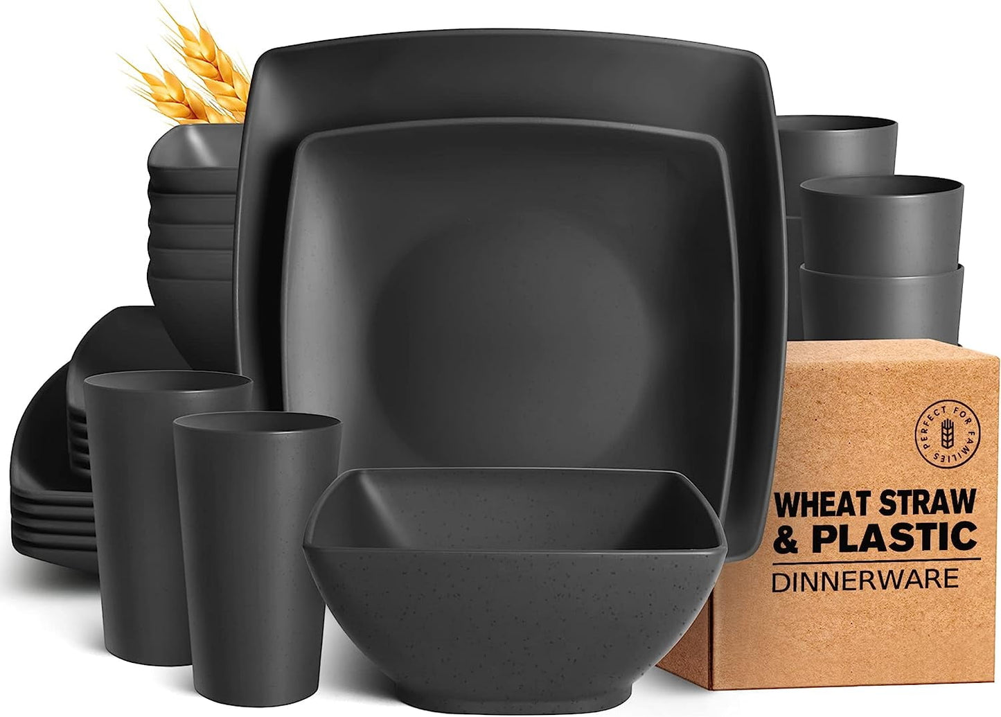 Teivio 24-piece Plastic Wheat Straw Square Dinnerware Set for 6, Unbreakable Dinner Plates, Salad Plates, Snack Bowls, Tumblers 20 oz, Dishwasher Safe, Black