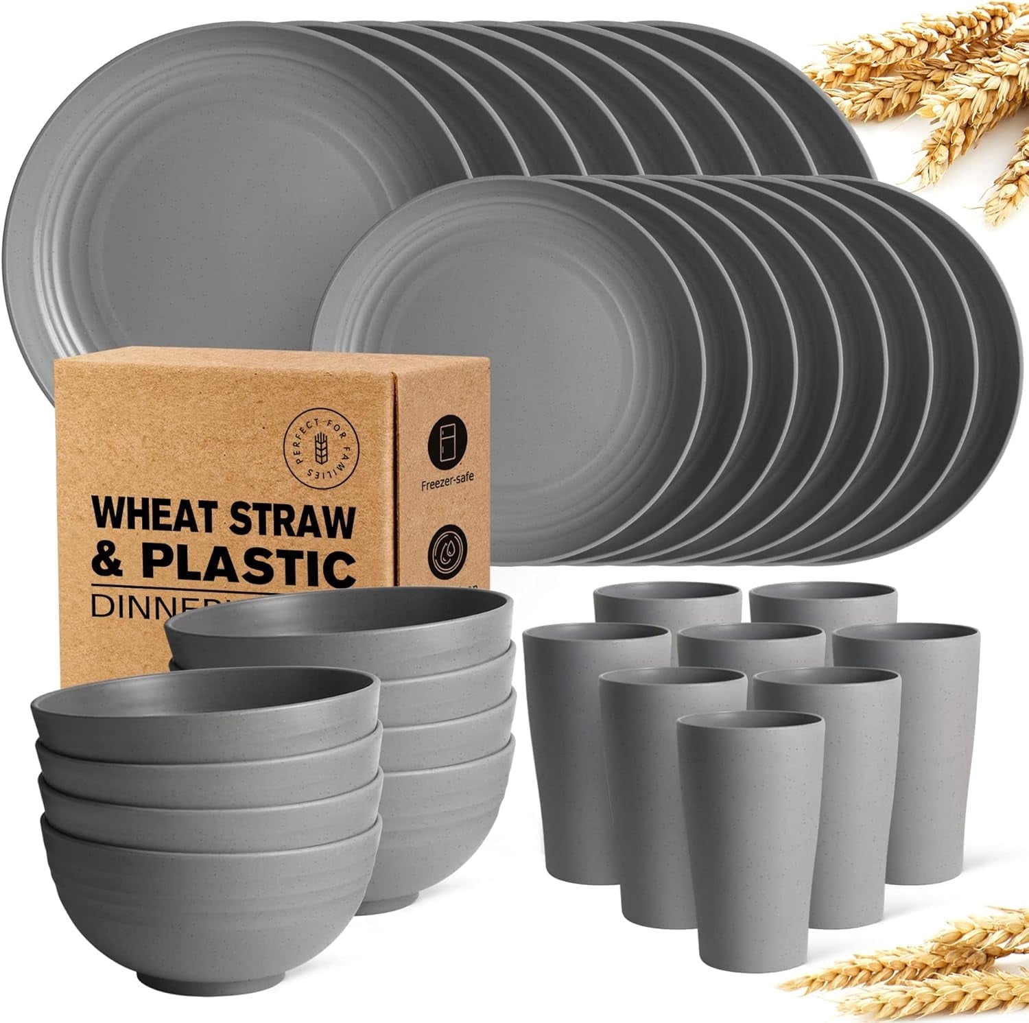 Teivio 32-Piece Kitchen Plastic Wheat Straw Dinnerware Set, Service for 8, Dinner Plates, Dessert Plate, Cereal Bowls, Cups, Unbreakable Plastic Outdoor Camping Dishes, Grey Visit the Teivio, Grey