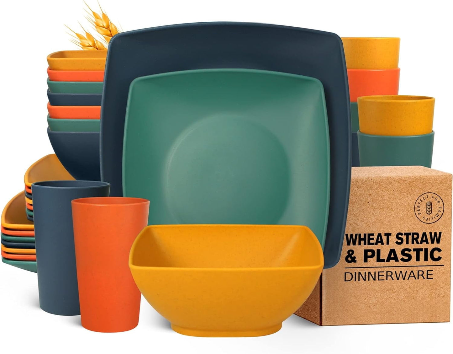 Teivio 32-piece Plastic Wheat Straw Square Dinnerware Set for 8, Unbreakable Dinner Plates, Salad Plates, Snack Bowls, Tumblers 20 oz, Dishwasher Safe, Autumn Multicolor