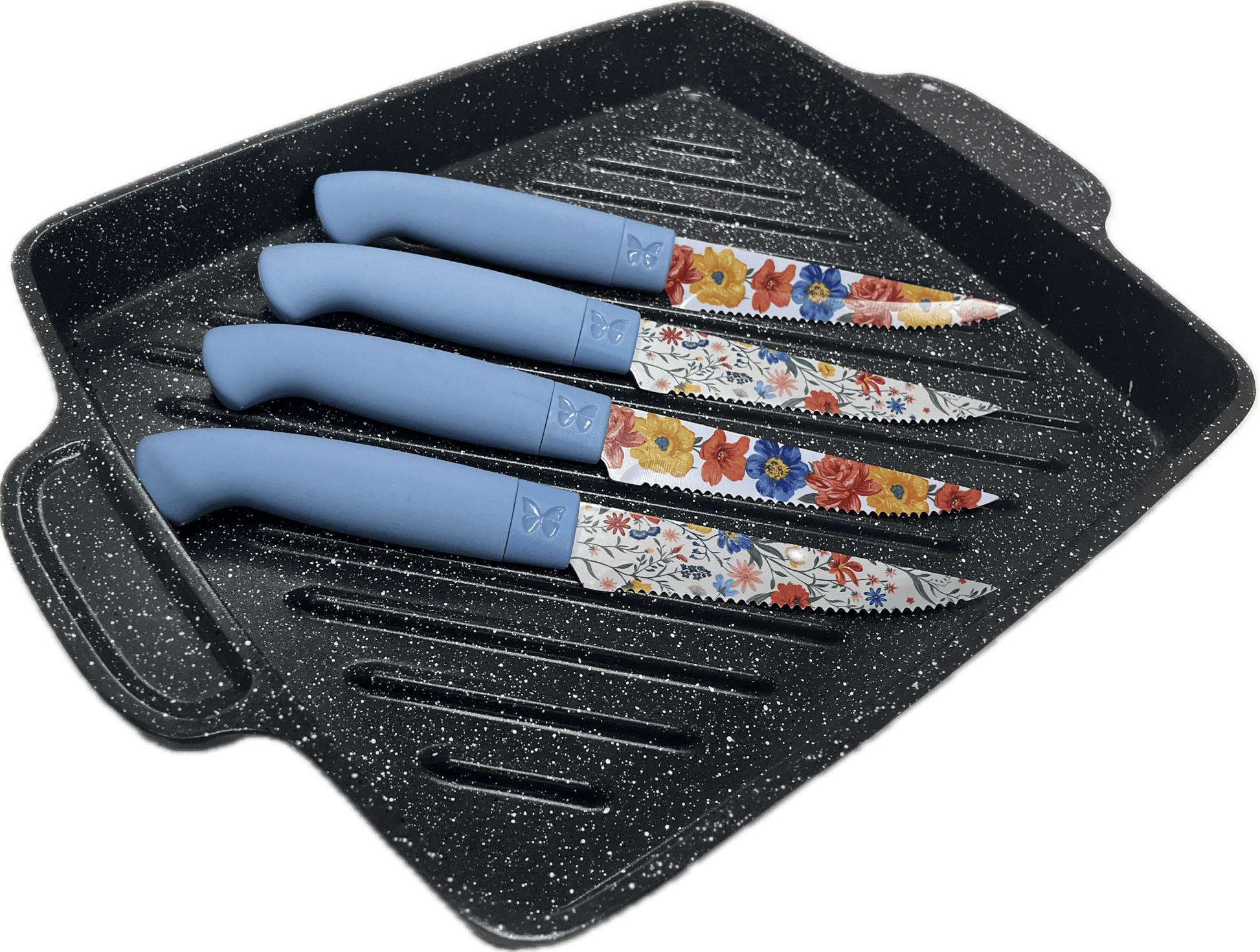 The Pioneer Woman Charcoal Speckle Cast Aluminum 10"x12" Cowboy Grill Pan and Steak Knife Set