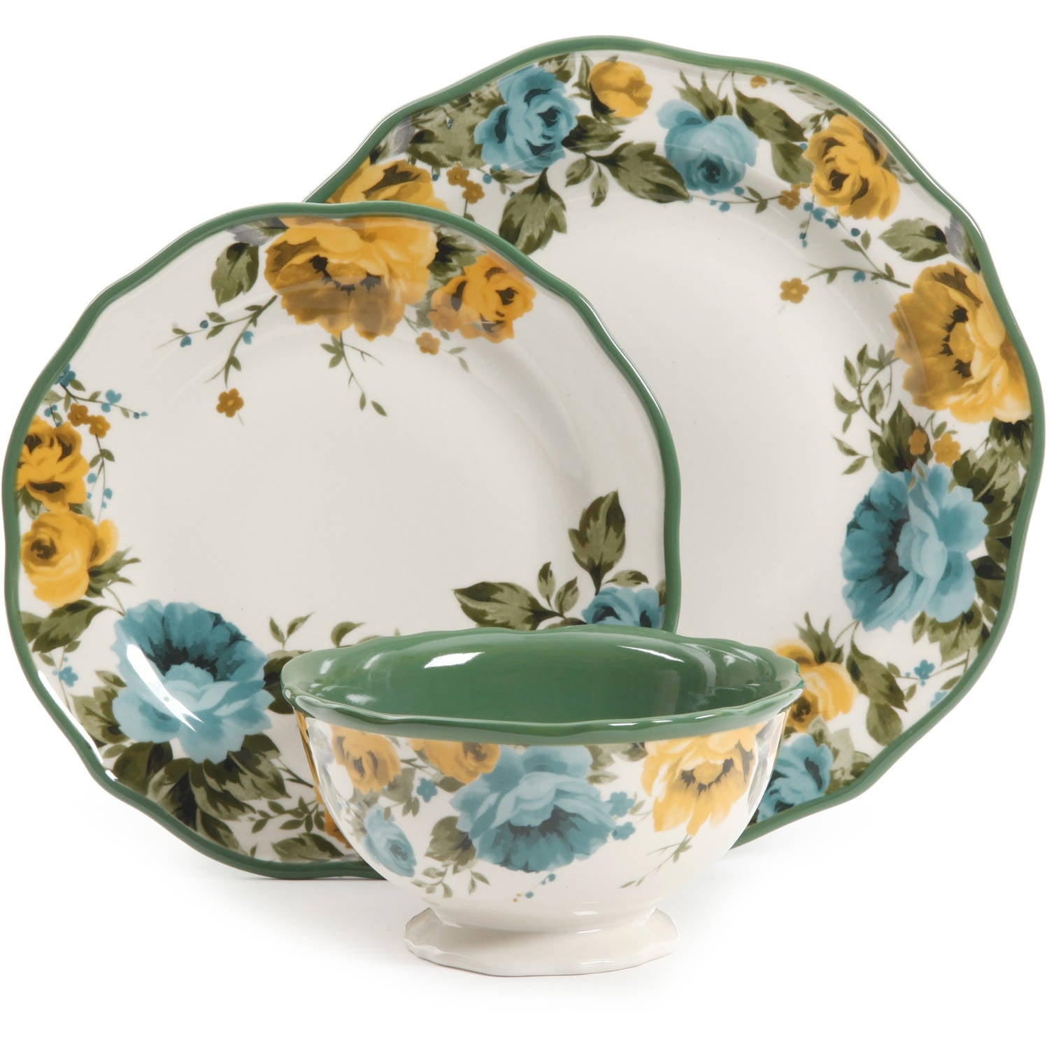 The Pioneer Woman Rose Shadow Green Ceramic 12-Piece Dinnerware Set