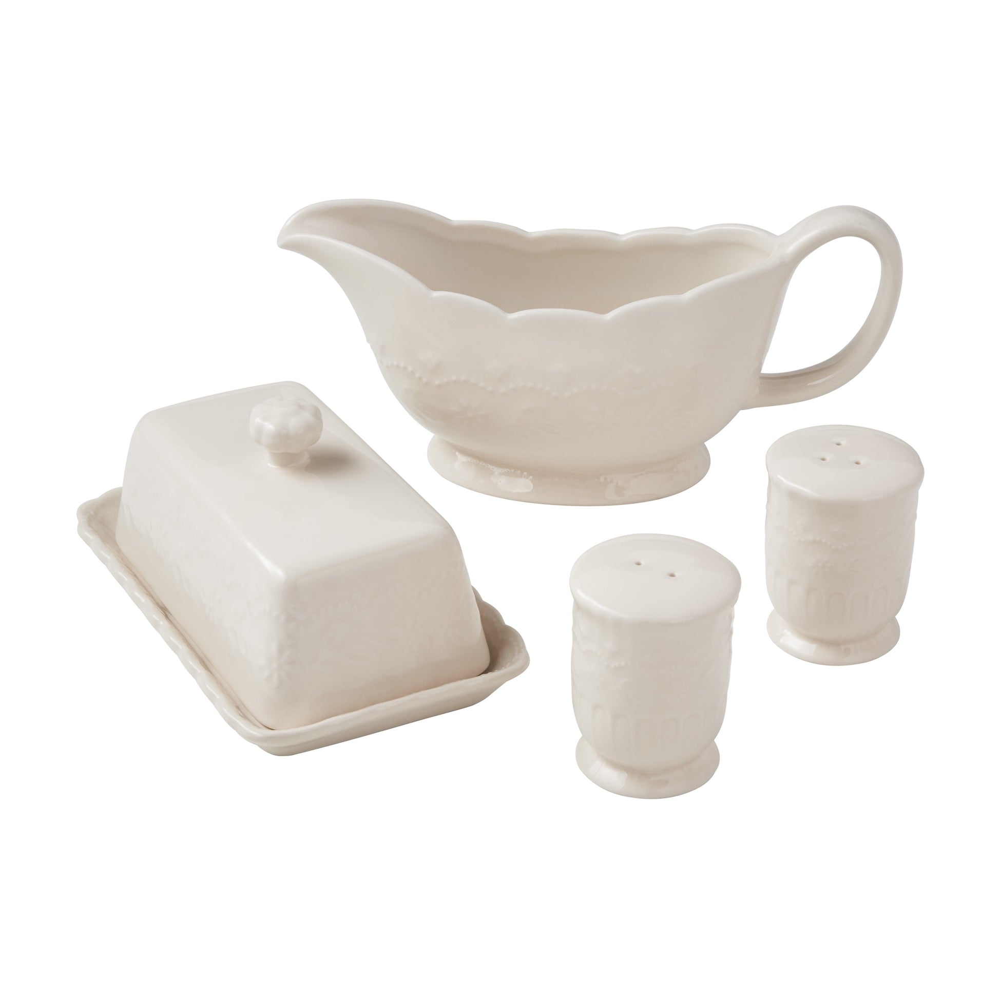 The Pioneer Woman Toni 5-Piece Stoneware Butter Dish, Gravy Boat, and Salt & Pepper Serve Set, Linen