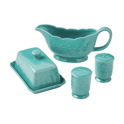 The Pioneer Woman Toni 5-Piece Stoneware Butter Dish, Gravy Boat, and Salt & Pepper Serve Set, Linen