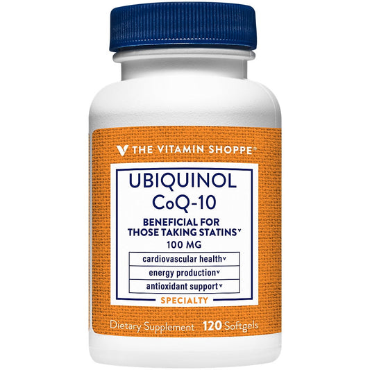 The Vitamin Shoppe Ubiquinol CoQ-10 100mg - Beneficial for Those Taking Statins – Supports Heart & Cellular Health and Healthy Energy Production, Essential Antioxidant – Once Daily (120 Softgels)