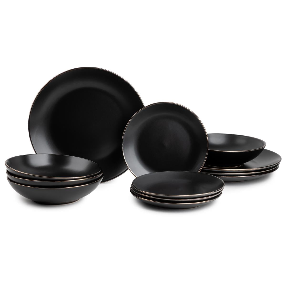 Thyme & Table 12-Piece Stoneware Dinnerware Set,  Black Onyx Collection