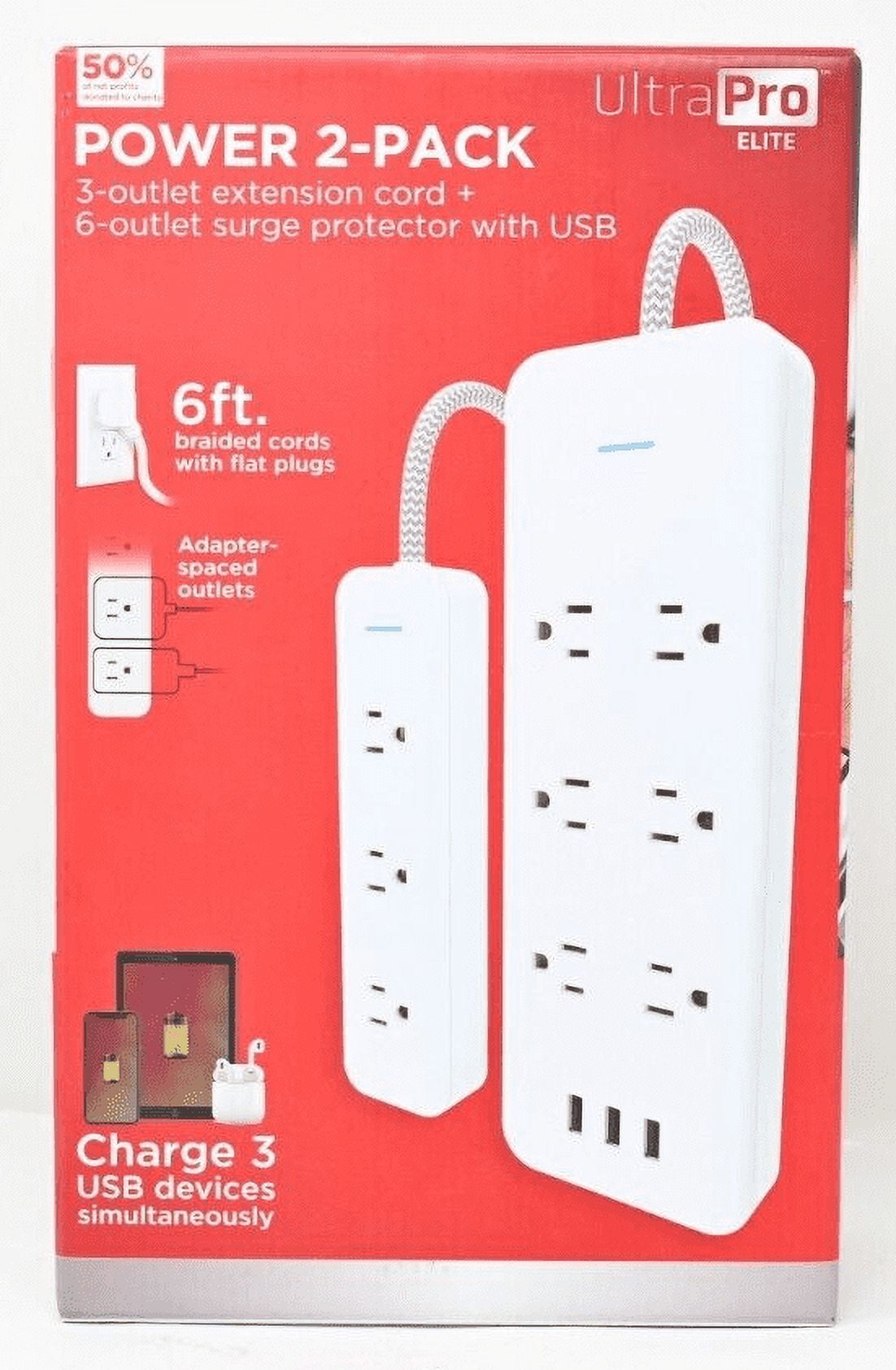 Ultra Pro Elite Power 2 Pack 3 Outlet Extension Cord + 6 Outlet Surge Protector