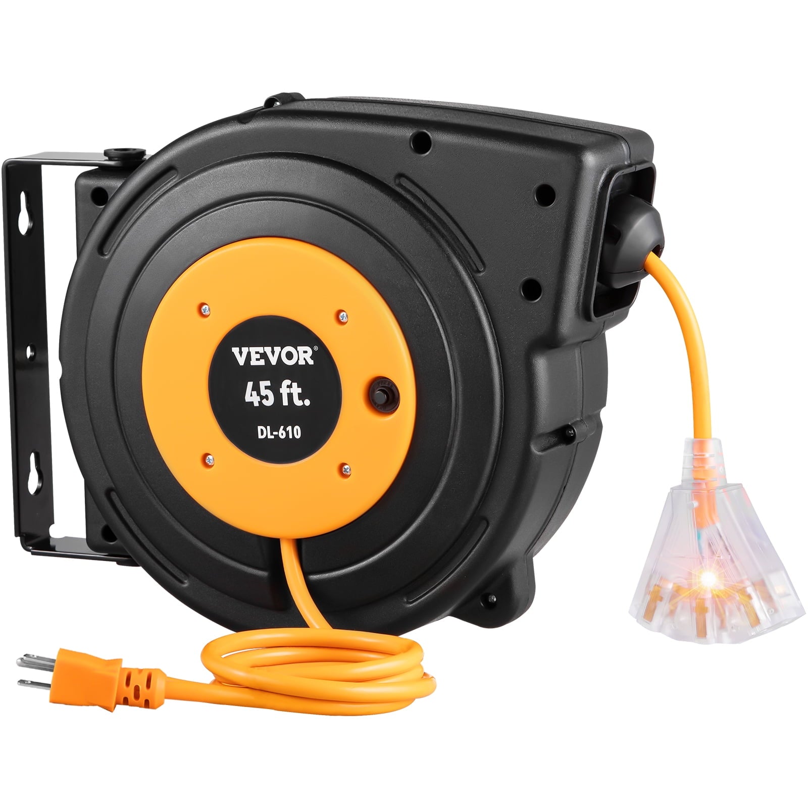 VEVOR Retractable Extension Cord Reel, 45 ft, Heavy Duty 12AWG/3C SJTOW Power Cord, with Lighted Triple Tap Outlet, 15 Amp Circuit Breaker, 180° Swivel Bracket for Ceiling or Wall Mount