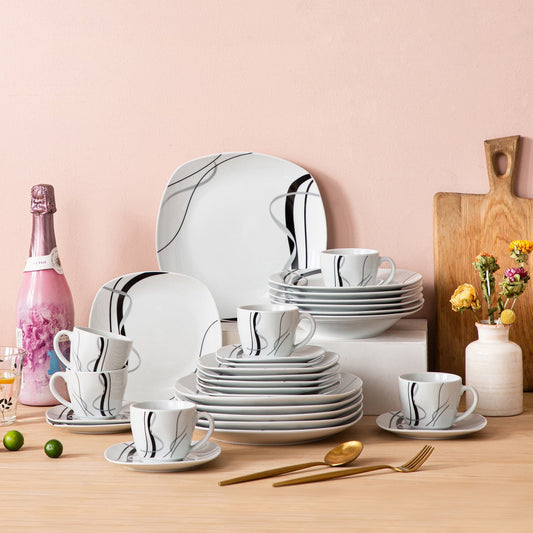 VEWEET, 30-Piece Porcelain Dinnerware Set, Ivory White Black Lines Dinner Set, Service for 6