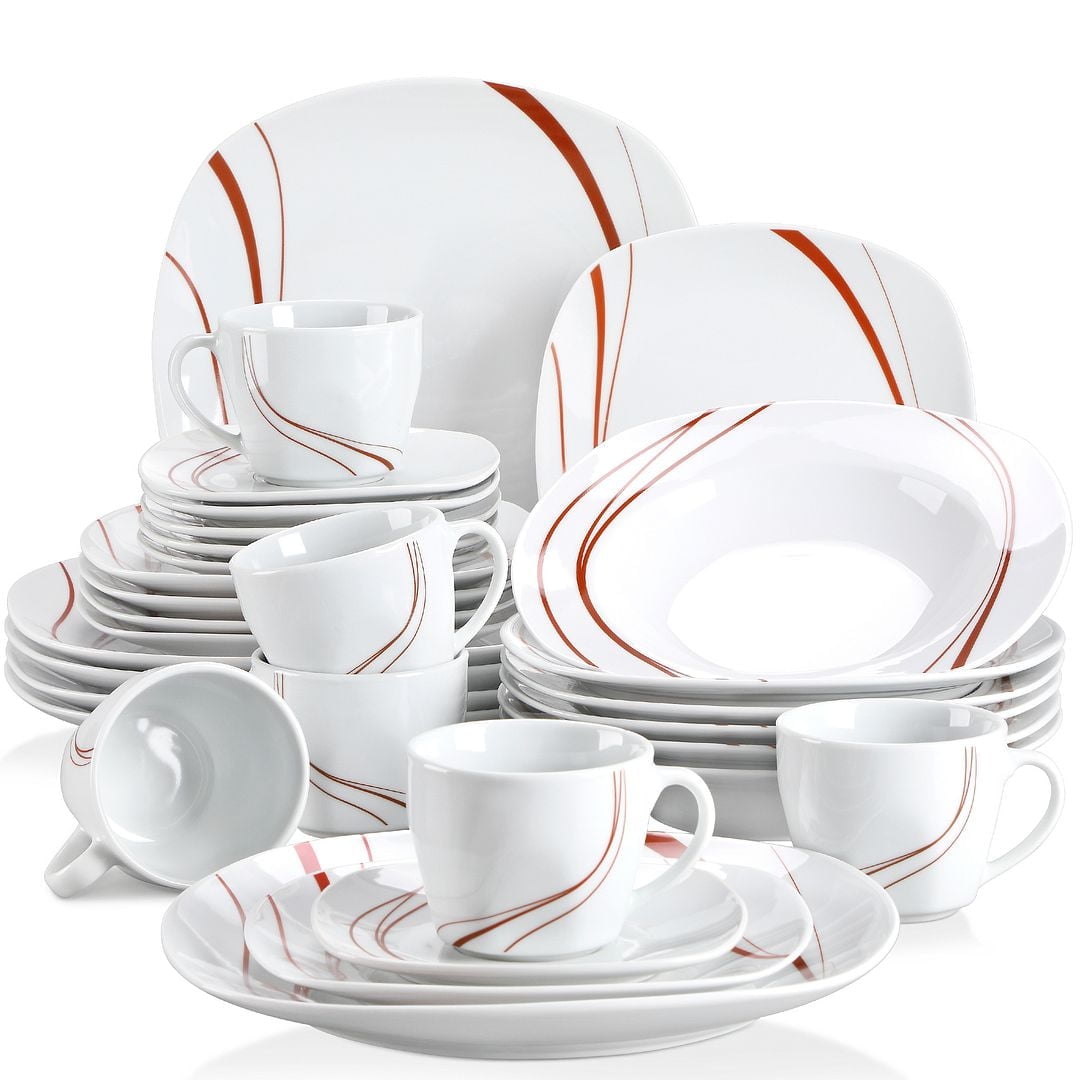 VEWEET, Series Bonnie, 30-Piece Porcelain Dinnerware Set, Ivory White Brown Lines Dinner Set, Service for 6