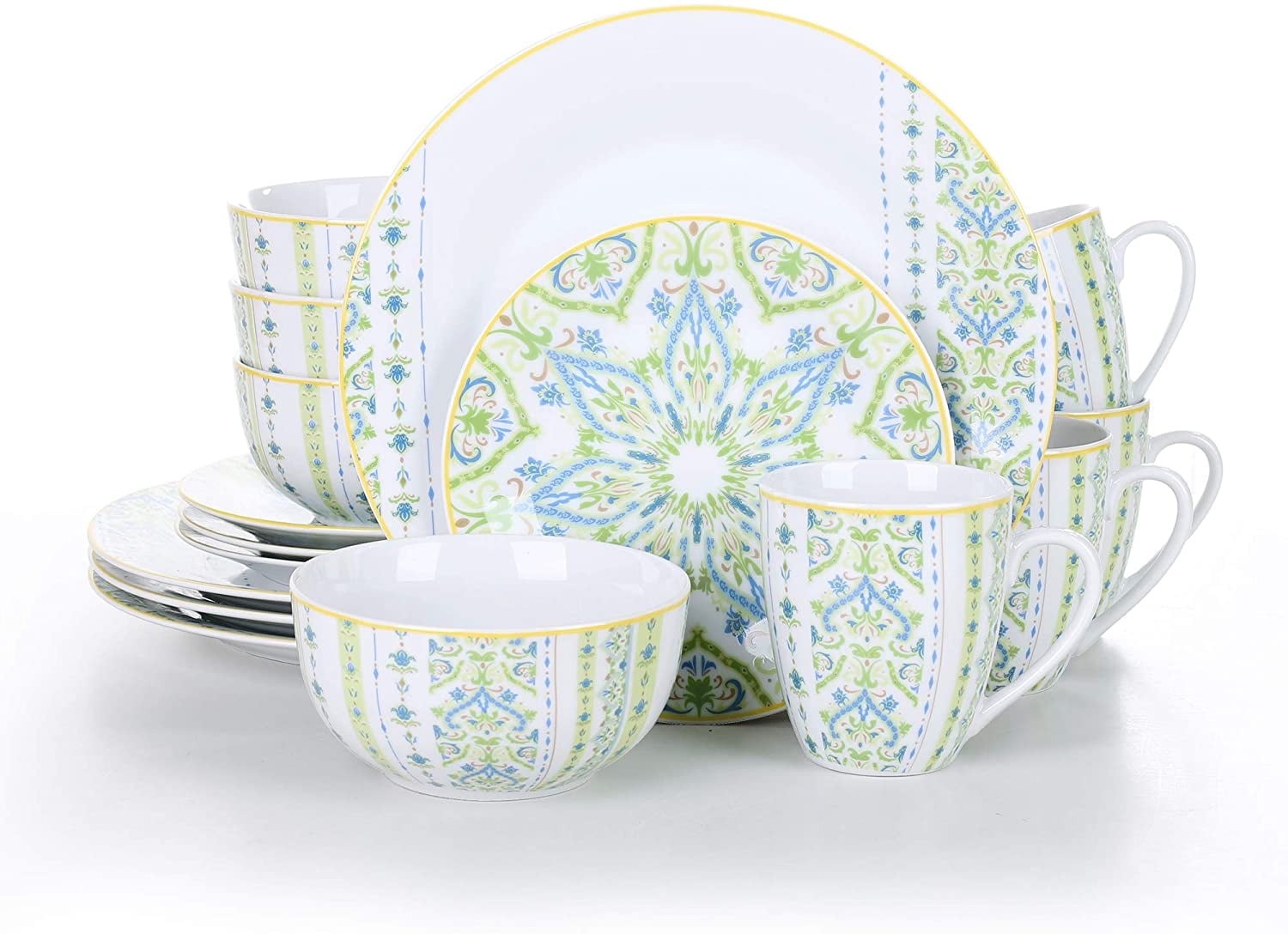 VEWEET, Series Magda, 16 pieces Porcelain Dinnerware Set Combination Sets 10.75" Dinner Plate, 7.5" Dessert Plate, 5.5" Cereal Bowl and, 380ml Mug, Service for 4