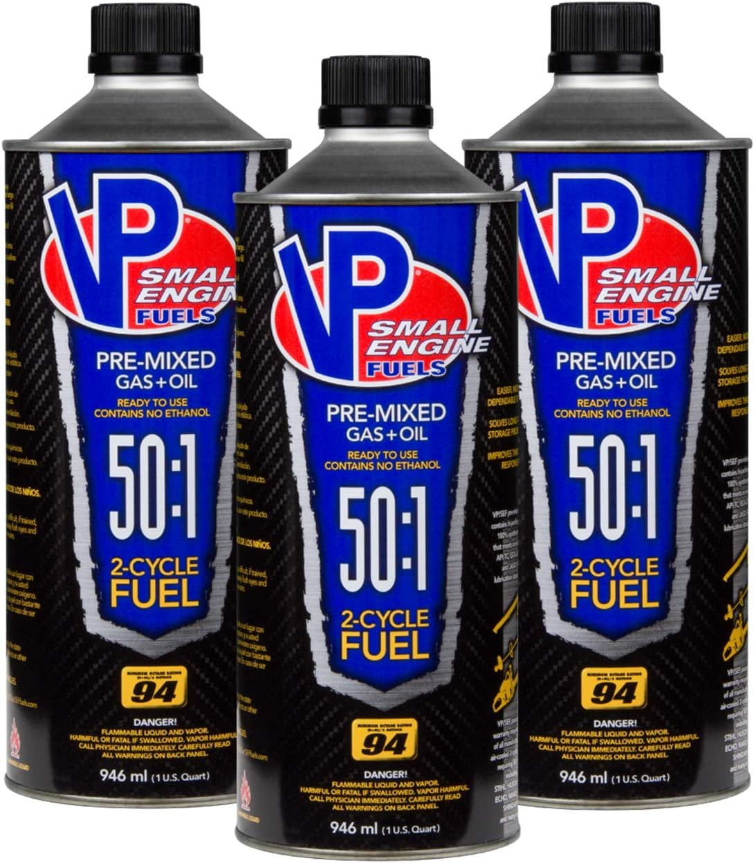 VP Racing Fuels 50:1 SEF 2 Cycle Pre-Mixed Gas + Oil Fuel, Ready to Use, 3 Pack 1 Quart Bottles