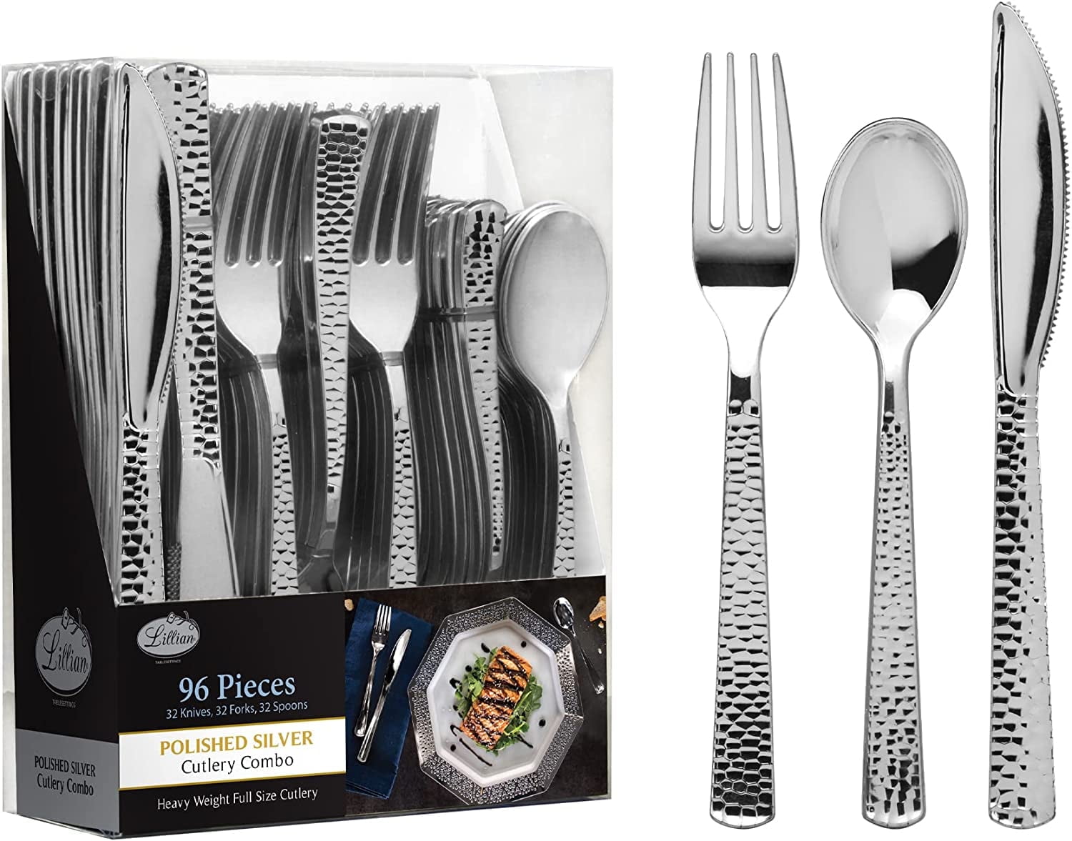 VeZee 96 Pcs Disposable Extra Heavyweight Silver Plastic Silverware.Lillan Tablesettings Package Includes 32 Forks, 32 Spoons & 32 Knives |1 Pack