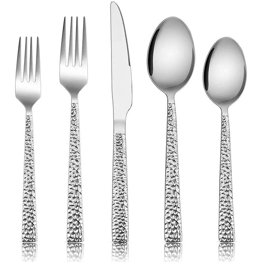 Vesteel 40-Piece Hammered Silverware Set Stainless Steel Square Flatware Tableware Cutlery Set Service for 8