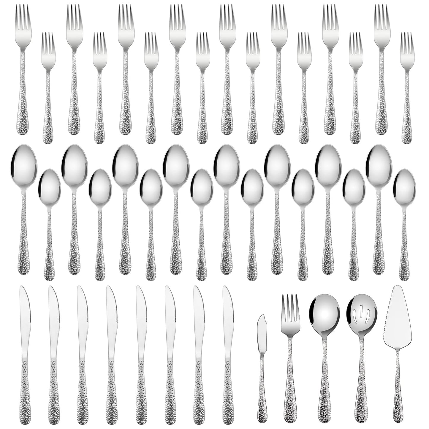 Vesteel 45-Piece Silverware Set with Serving Utensils, Stainless Steel Hammered Flatware Cutlery Set for 8 Include Forks Knives Spoons, Heavy Duty & Mirror Polished