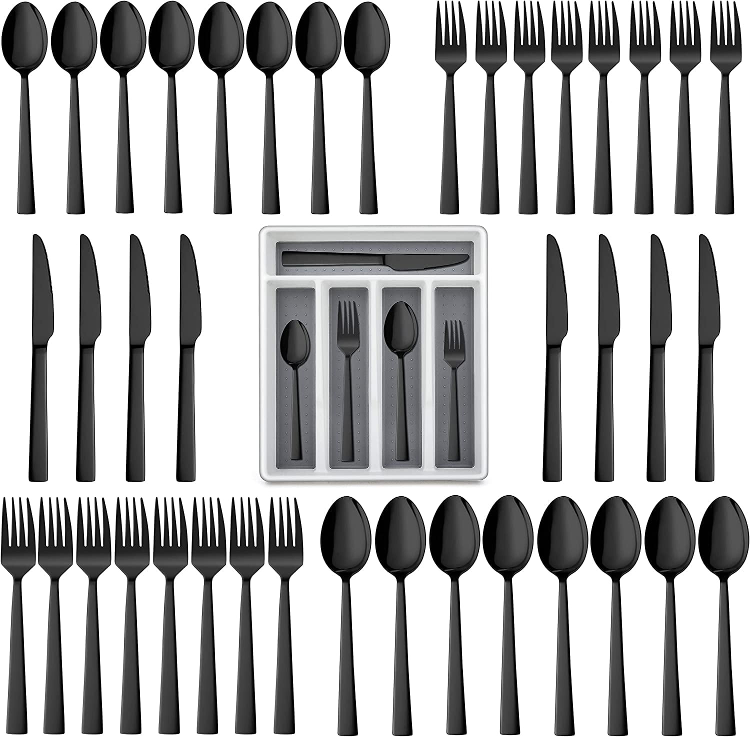 Walchoice 40-Piece Black Silverware Set with Drawer Organizer, Stainless Steel Flatware Cutlery Set for Home Restaurant, Elegant Eating Utensils Tableware Plus Plastic Tray