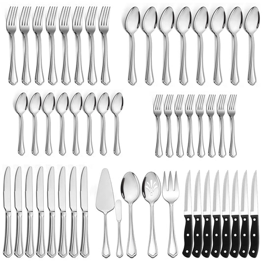 Walchoice 53-Piece Silverware Set with Serving Utensils, Elegant Metal Tableware Plus Steak Knives, Stainless Steel Flatware Cutlery Set Service for 8 - Scalloped Edge