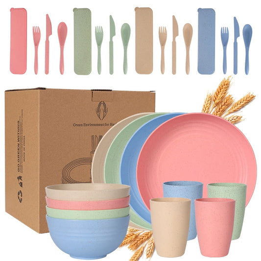 Wheat Straw Dinnerware Sets, 28pcs Dishes Dinnerware Sets Microwave and Dishwasher Safe, Lightweight Unbreakable Dish Set, Reusable Dinner Plates and Bowls Sets