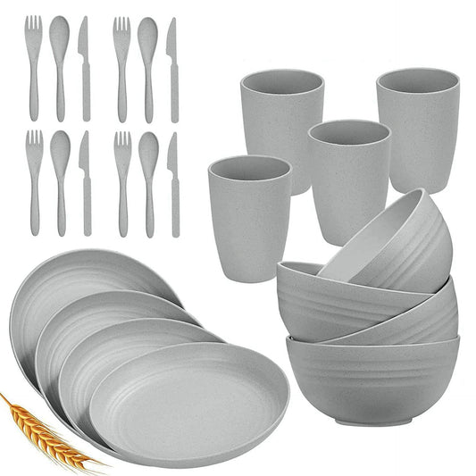 Wheat Straw Dinnerware Sets for 4 Lightweight & Unbreakable Dishes Microwave & Dishwasher Safe Perfect for Camping, Picnic, RV, Dorm Plates, Cups and Bowls