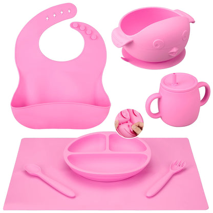 WhizMax Baby Feeding Set, Baby Led Weaning Supplies,  Silicone Suction Plates Bibs Spoons, Toddler Eating Utensils, Pink