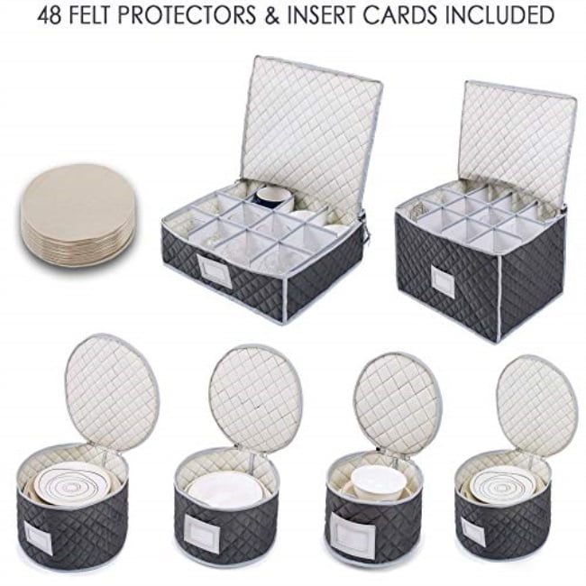 Woffit Luxurious Quilted Complete Dinnerware Storage Set for Storing or Transporting Fine China Dishes, Coffee Mugs, Tea Cups & Wine Glasses, Includes 48 Felt Protectors.