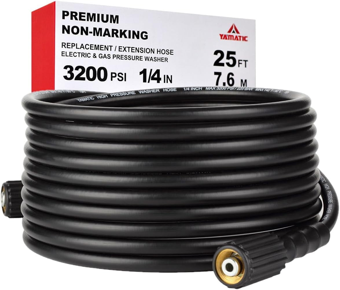 YAMATIC Pressure Washer Hose 25FT 1/4" Kink Resistant M22 Brass Fitting Power Washer Hose Replacement for Ryobi, Troy Bilt, Greenworks, Generac, CRAFTSMAN & More High PressureWashers, 3200 PSI