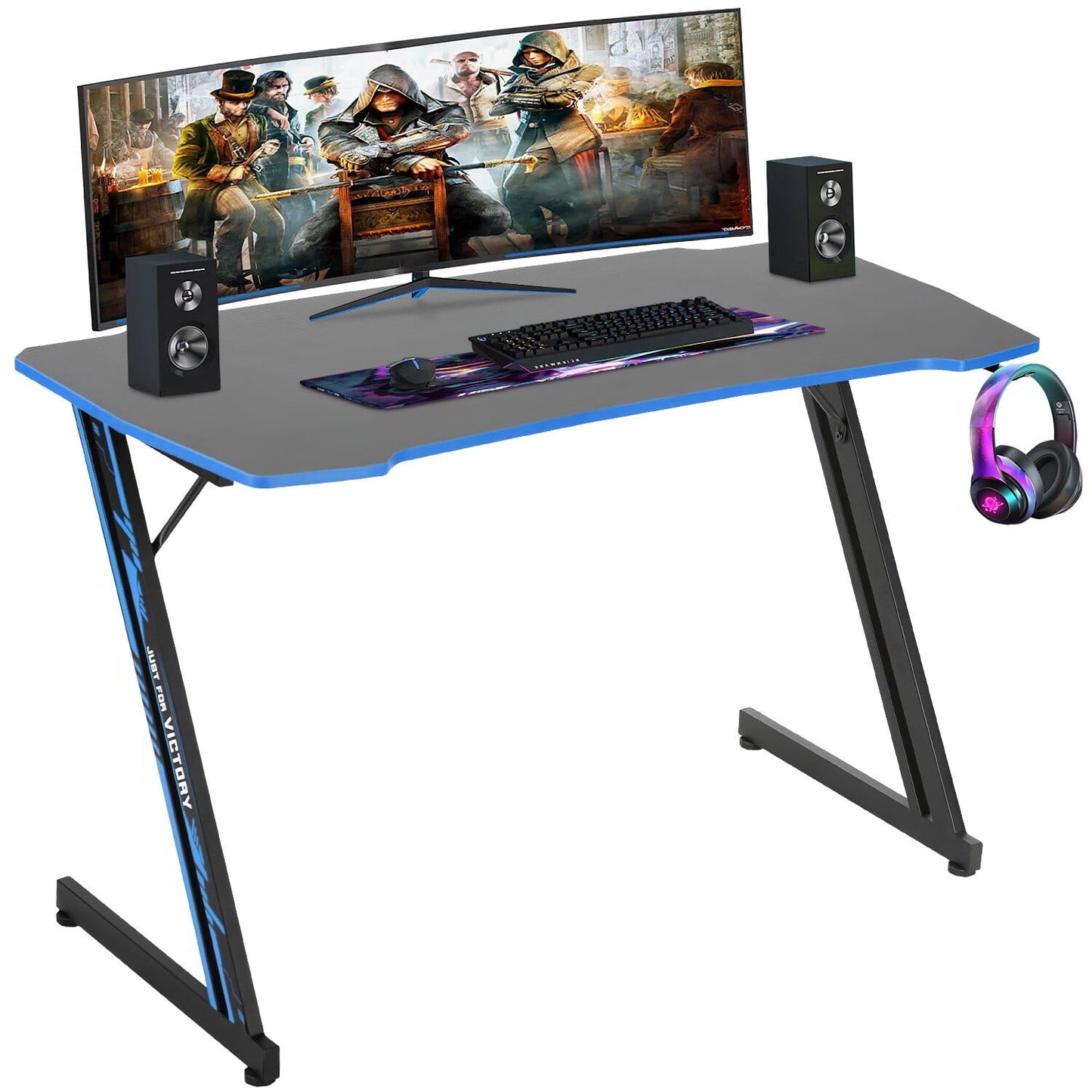 YRLLENSDAN 47 inch Gamaing Desk Z Shaped Gaming Workstation Ergonomic Gaming Table PC Computer Desk with Headphone Hook, Blue