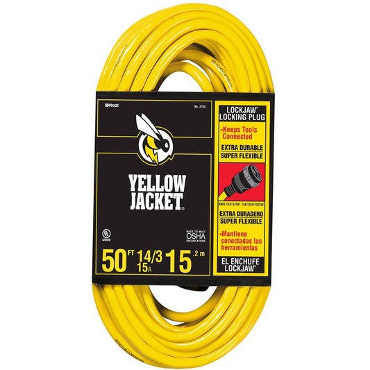 Yellow Jacket 2734 14/3 50' Yellow Sjtw Heavy-Duty Premium Contractor Extension Cord with Locking Plug