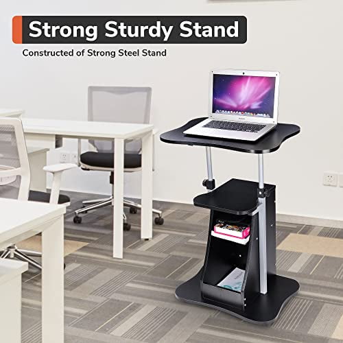 Yescom Mobile Laptop Cart Podium Adjustable Height Laptop Stand Portable Sit-to-Stand Desk Rolling Lecterns Workstation w/Storage Office Class Warehouse Black