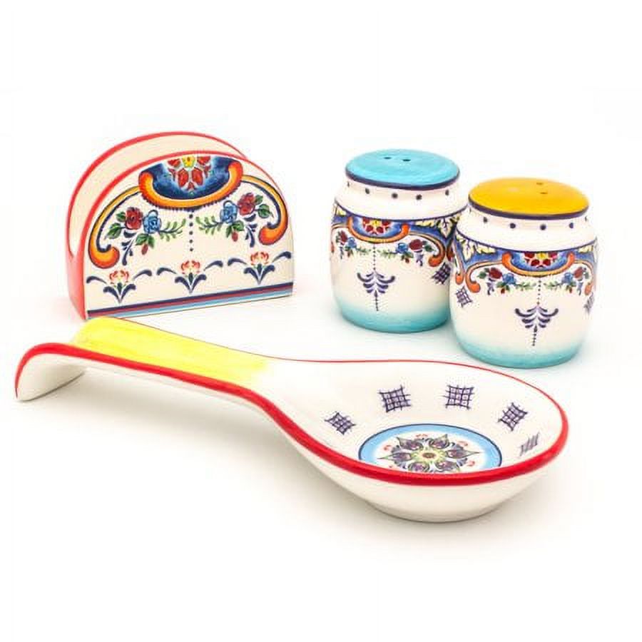 Euro Ceramica Zanzibar Collection Vibrant Ceramic Tableware Necessities 4 Piece Completer Set Spanish Floral Design Multicolor